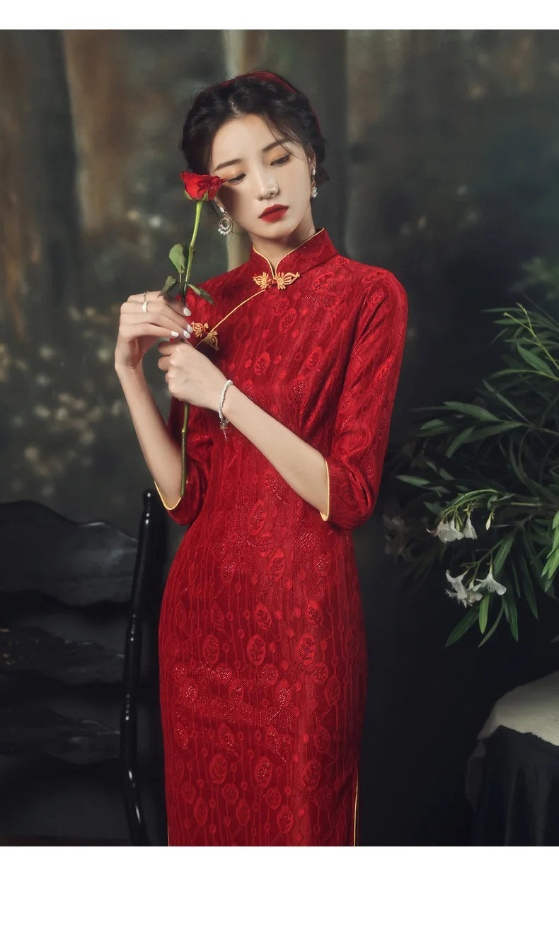 Chinese Style Long Dress Red  Slim Cheongsam Qipao Dress Wedding Party Hanfu Summer Lace - Seprincess