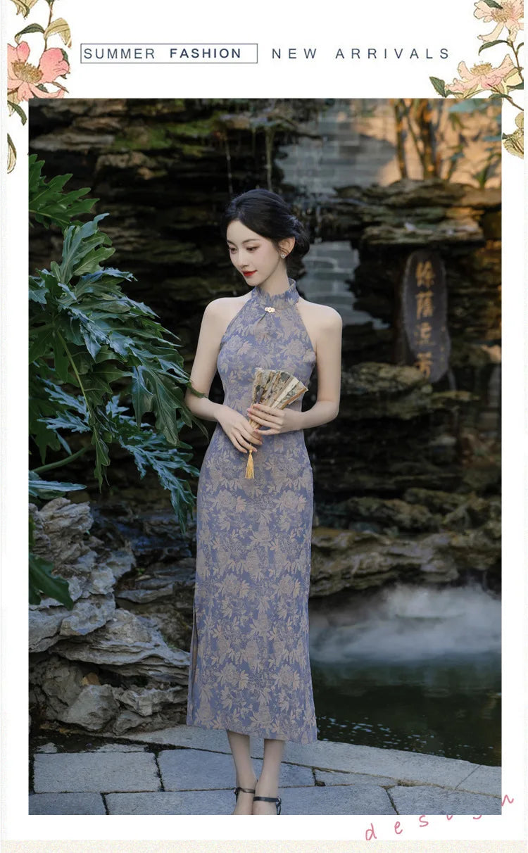 Women Print Flower Long Qipao Traditional Chinese Mandarin Collar Cheongsam Summer Sexy Sleeveless Split Dress Elegant Vestidos - Seprincess