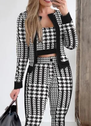 Sets Outifits Women 2024 Spring Autumn 3 Piece Set Plaid Print Crop Top & Pants Set With Coat Fashion Casual Elegant Female Set - Seprincess