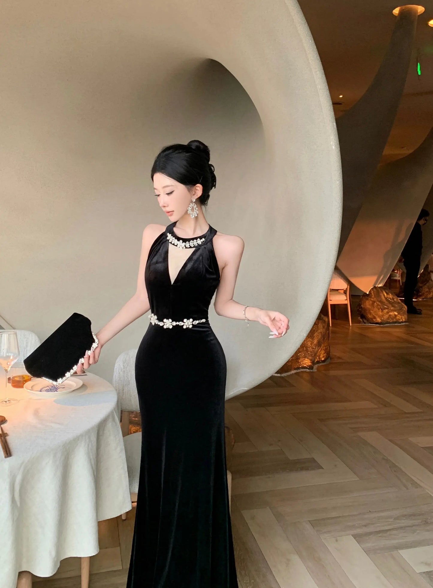 Vintage Luxurious Evening Wedding Party Black Long Dresses for Women Elegant Bodycon Mesh Patchwork Velvet Prom Female Clothing - Seprincess