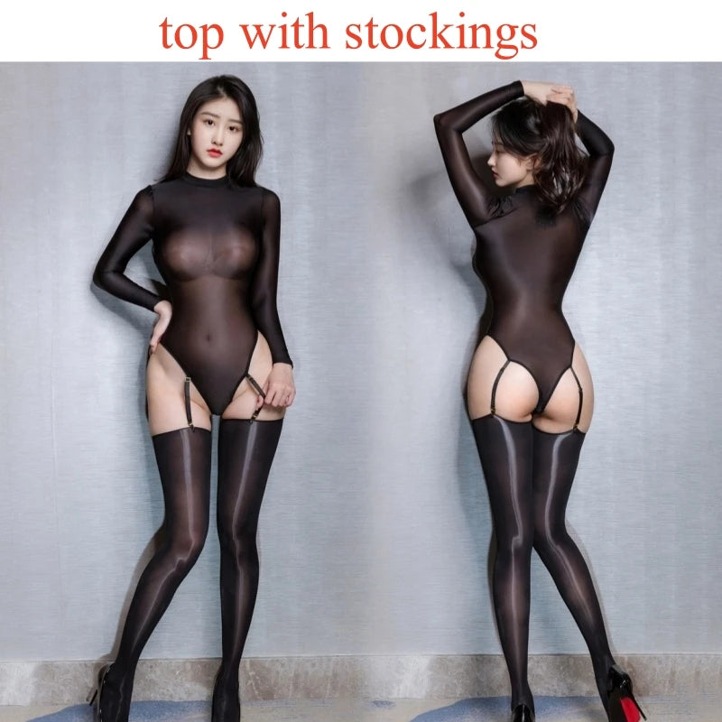 New Oil Shiny Silky Transparent Catsuit Bodysuit Women Sexy Open Crotch Full Body Stockings Fetish Cosplay Costumes