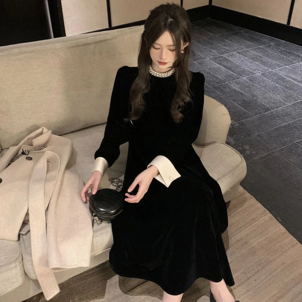 2024 Sweet Woman Party Dresses Korean Vintage Velvet Black Dress Patchwork Robe Elegant Clothes All Match Pearl Vestidos Mujer - Seprincess