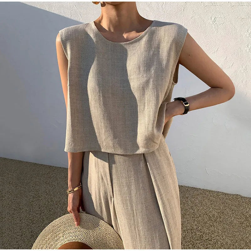 Elegant Cotton linen Women Suit Casual Loose Two-piece Sleeveless Top Wide-leg Pants Outfits Female Summer Solid Elegant Sets - Seprincess