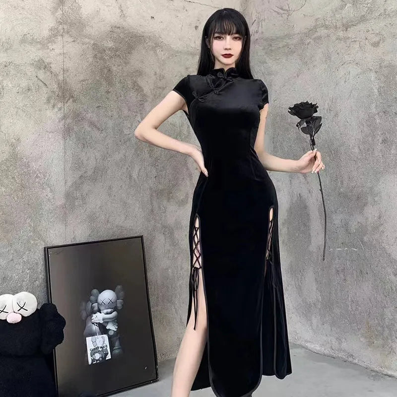 Vintage Black Gothic  Bandage Dress Sexy Cheongsam High Split Velvet Dress Spring Retro Long Qipao Women Aesthetic Dresses - Seprincess