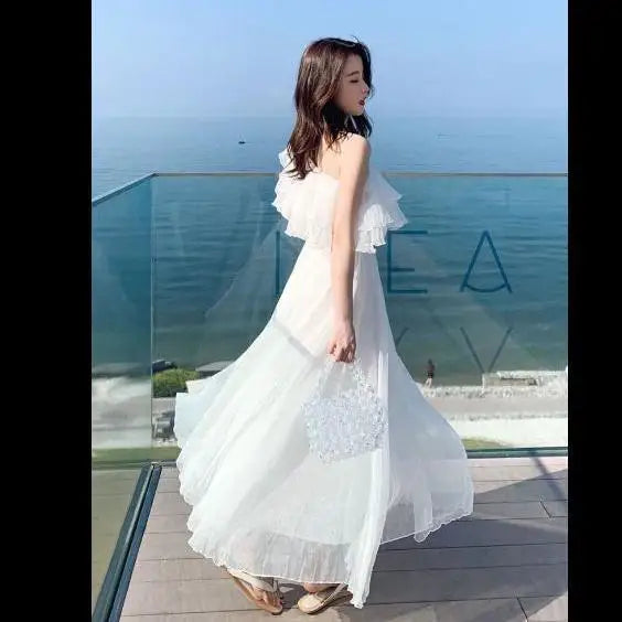 Women's Summer Beach Style Chiffon White Long Dress Lady Graceful Fairy Layers Ruffles Off-Shoulder Dresses Evening Party Gown - Seprincess