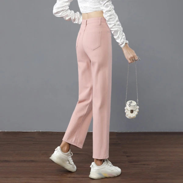 High Quality Korean Denim Jeans Women Straight Pants High Waist Thin White Pink Grey Green Trousers Ladies