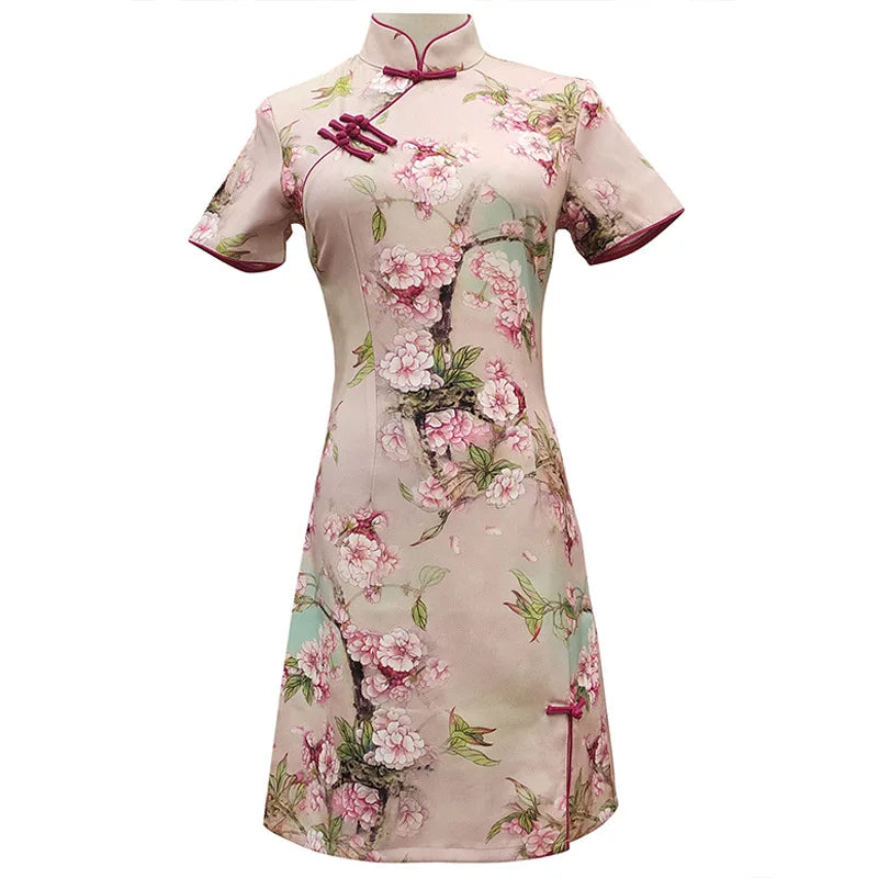 Traditional Chinese Dress Vintage Cheongsam Sexy Short Qipao Print Flower Women Rayon Dresses Classical Vintage Button Vestidos - Seprincess