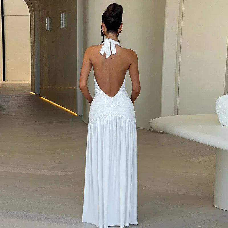 Women's Summer Deep V-neck High Waist Folds Long Dress Halter Neck Bandage Backless Tunics Split White Party Evening Dresses - Seprincess