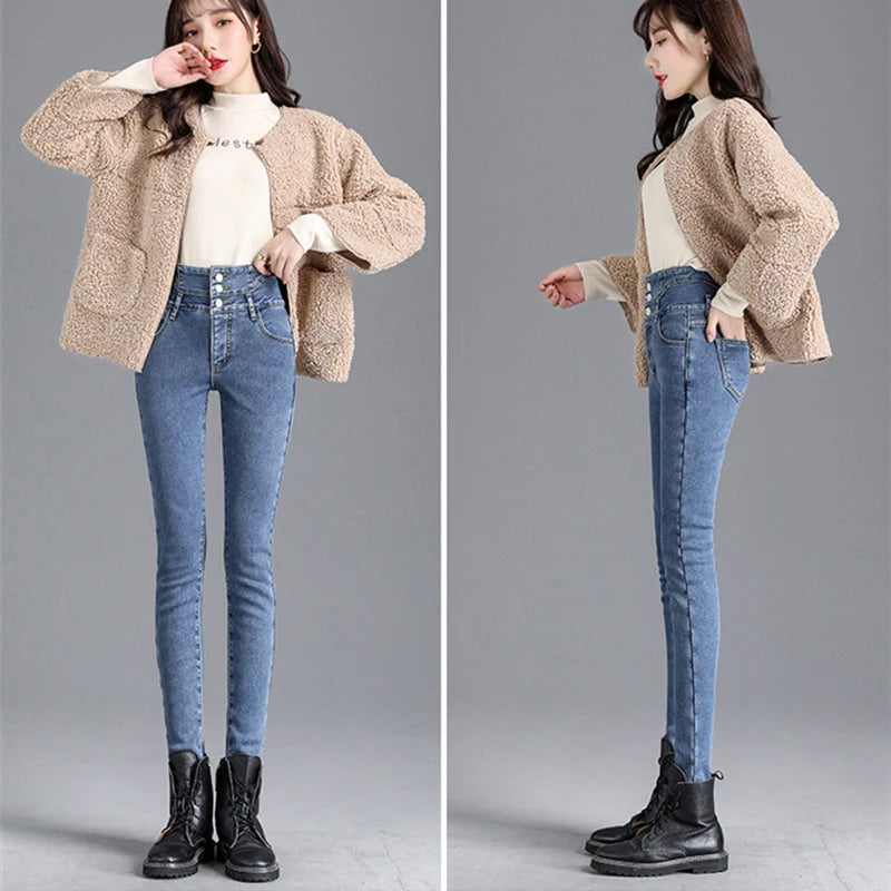 Winter Women Thick Velvet High Waist Skinny Jeans Simple Warm Fleece Slim Fit Stretch Trousers Casual Ladies Denim Pencil Pants