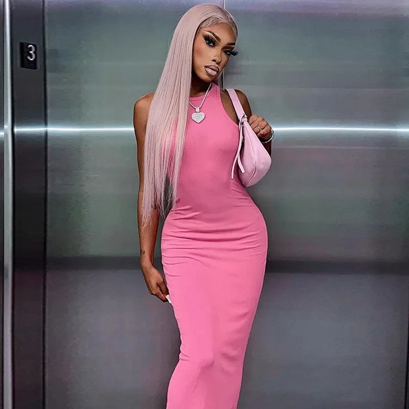 Hawthaw Women Fashion 2024 Summer Sleeveless Club Streetwear Bodycon Pink Pencil Long Dress Wholesale Items For Business - Seprincess