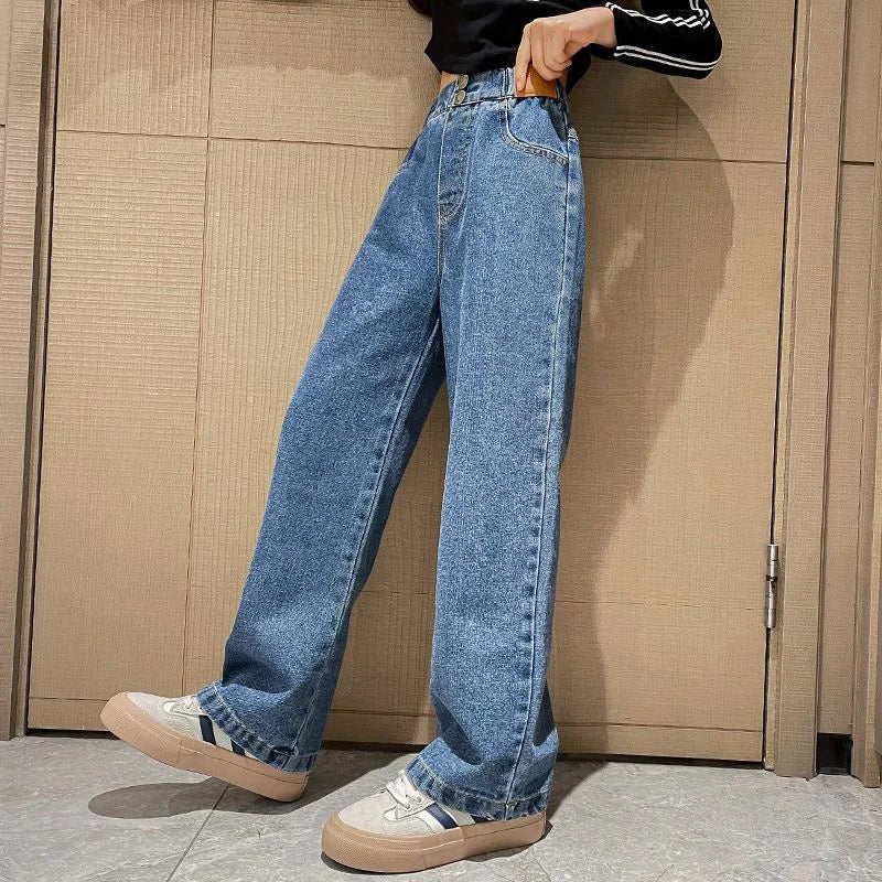 Girls Loose Jeans Pants Autumn Children Casual Straight Long Pants Teen School Big Kids Wide Leg Trousers 5-14 Years