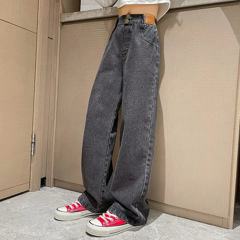 Girls Loose Jeans Pants Autumn Children Casual Straight Long Pants Teen School Big Kids Wide Leg Trousers 5-14 Years