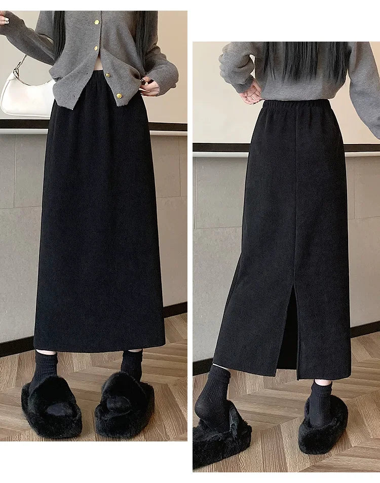 Thickened Fleece-Lined Corduroy Skirt Women's Autumn/Winter 2024 New Medium-Length A- Line Skirt With Side Slit High-Waisted