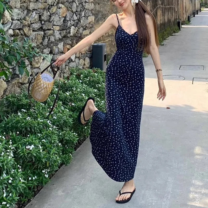 Summer Sweet Women Daily Streetwear Waist Dresses Lady Blue Suspender Floral Dress Female Vogue Off Shoulder Casual Long Dress - Seprincess