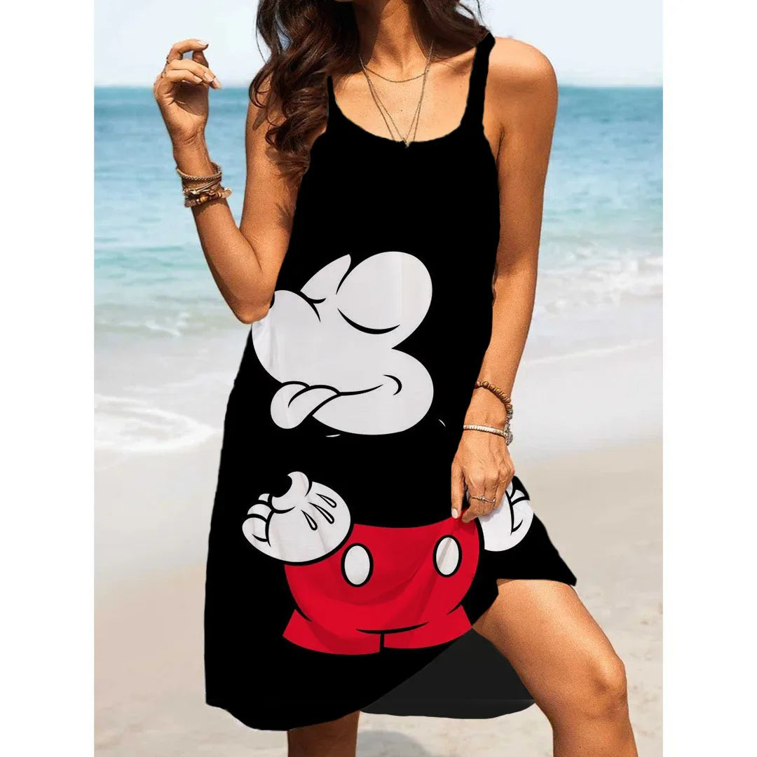 Women's Summer Casual Swinging Strap Beach Dress Disney Mickey Mouse Print Plus Size Loose Sexy Open Back Dress - Seprincess