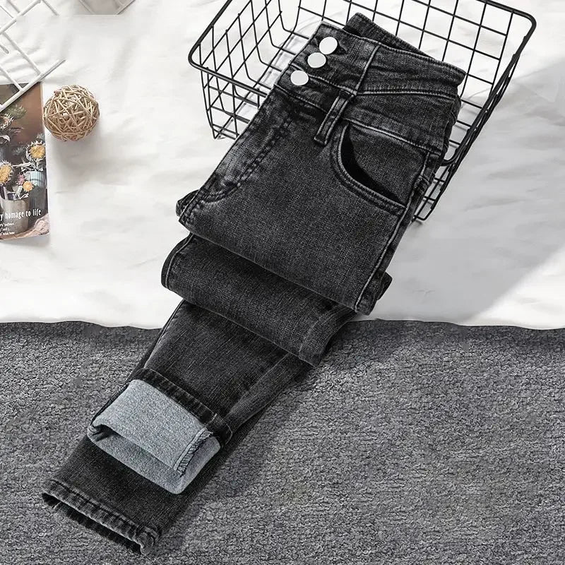 2024 Autumn/Winter New Solid Color Slim Fit Women's Jeans High Waist Buttoned Wool Lined And Thickened Pencil Leggings