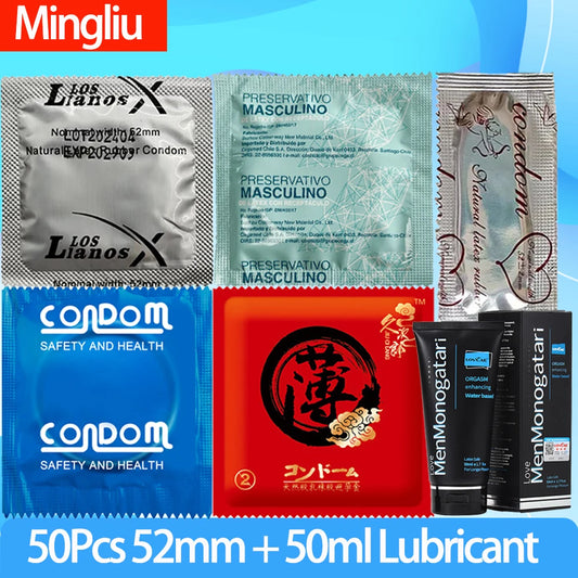 50pcs Ultra Thin Condoms 52mm Glossy Type Penis Sleeves with 50ml Lubricante Sexual Natural Latex Rubber Презервативы Sex Toys - Seprincess