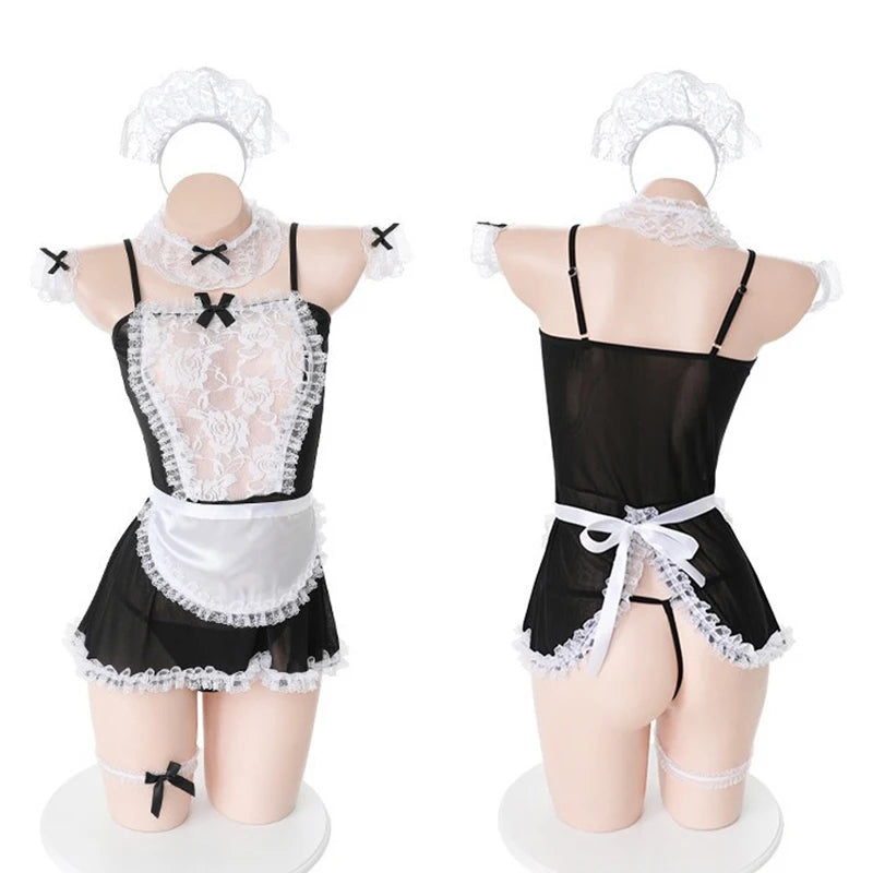 Sexy lingerie Thin lace mesh maid dress with suspender mini skirt 18 fancy women underwear Babydoll sexy shoppings bra sets xxx - Seprincess