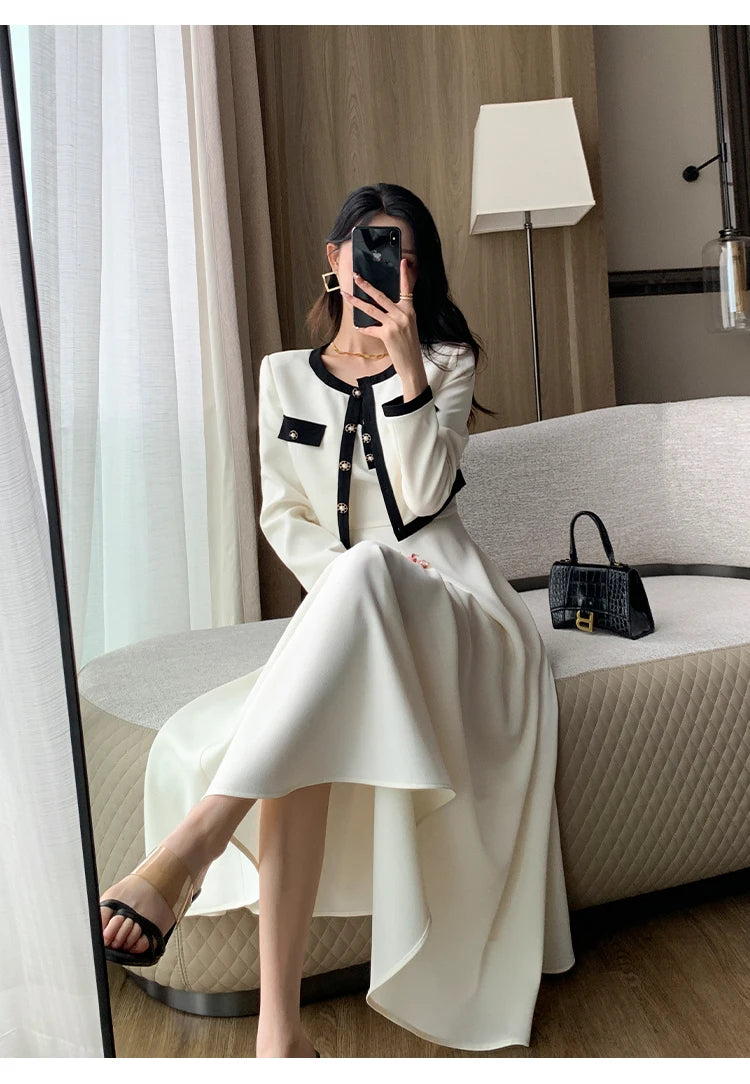 Elegant 2-Piece Dress Set for Lady Short Coat A-Line Midi Camisole Dresses Slim Korean Fashion Female Suit Spring Autumn New - Seprincess