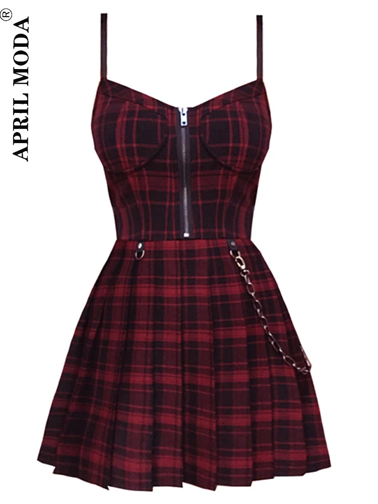 Gothic Girls Red Plaid Pleated Emo Alt Dress Y2K Zip Up Robe Femme Punk Black Spaghetti Strap Mini Short Jurken Goth Streetwear - Seprincess