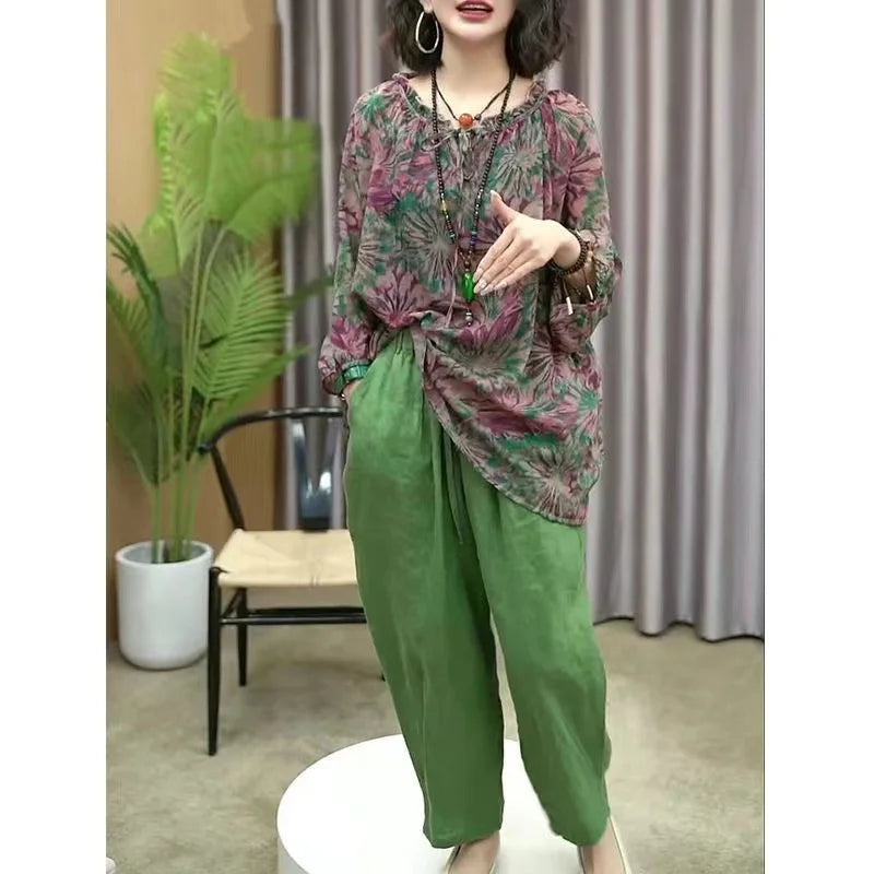 New Womens Cotton and Linen Clothing Sets Female Floral Long Sleeve Tops and Loose Pants Female 2PCS Outfits Plus Size - Seprincess