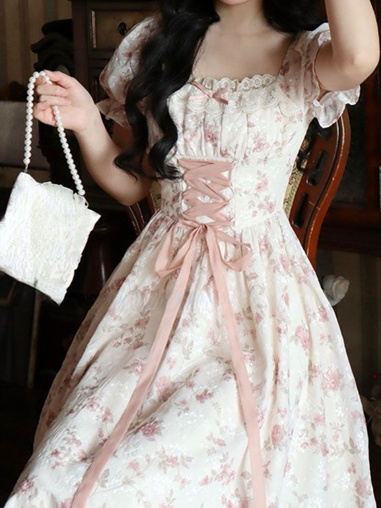 Summer Korean Fashion Lace Fairy Dress Women Square Collar Princess Kawaii Floral Print Dress Female Bandage Sweet Dress 2024 - Seprincess