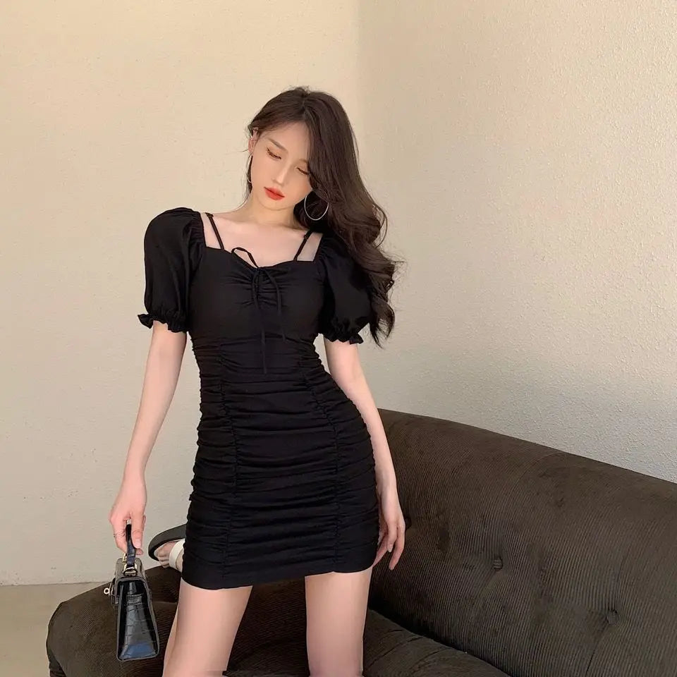 Summer 2022 New Korean Style Bubble Sleeve Pleated Drawstring Slim Dress Elegant Women's Club Party Dress Sexy Robe - Seprincess