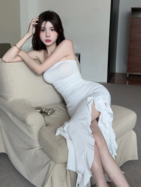 White Robe Long Dress Elegant 2023 Sexy Off Shoulder Slim Wrapped Chest Split Mid Length Dress Fashion Korean Women Tops H8OG - Seprincess