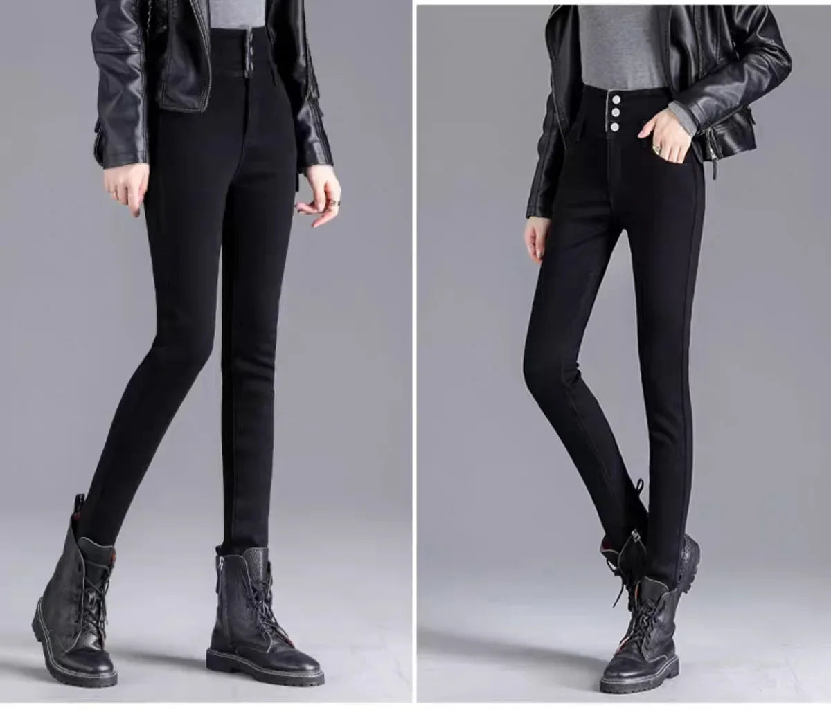 2024 Autumn/Winter New Solid Color Slim Fit Women's Jeans High Waist Buttoned Wool Lined And Thickened Pencil Leggings