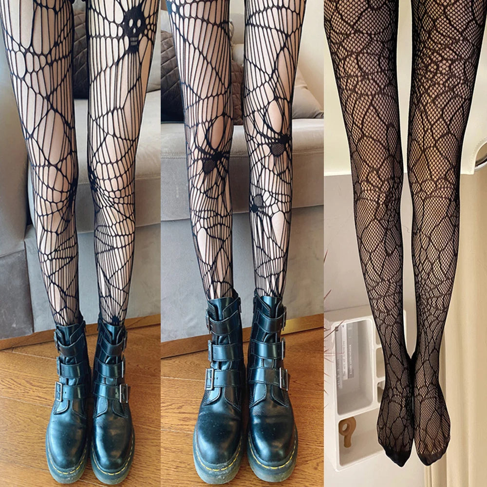 Hollow Out Mesh Tight Stockings Halloween Fishnet Sexy Pantyhose Skull Spider Web Patterned Nylon Stretchy Gothic Dark Pantyhose