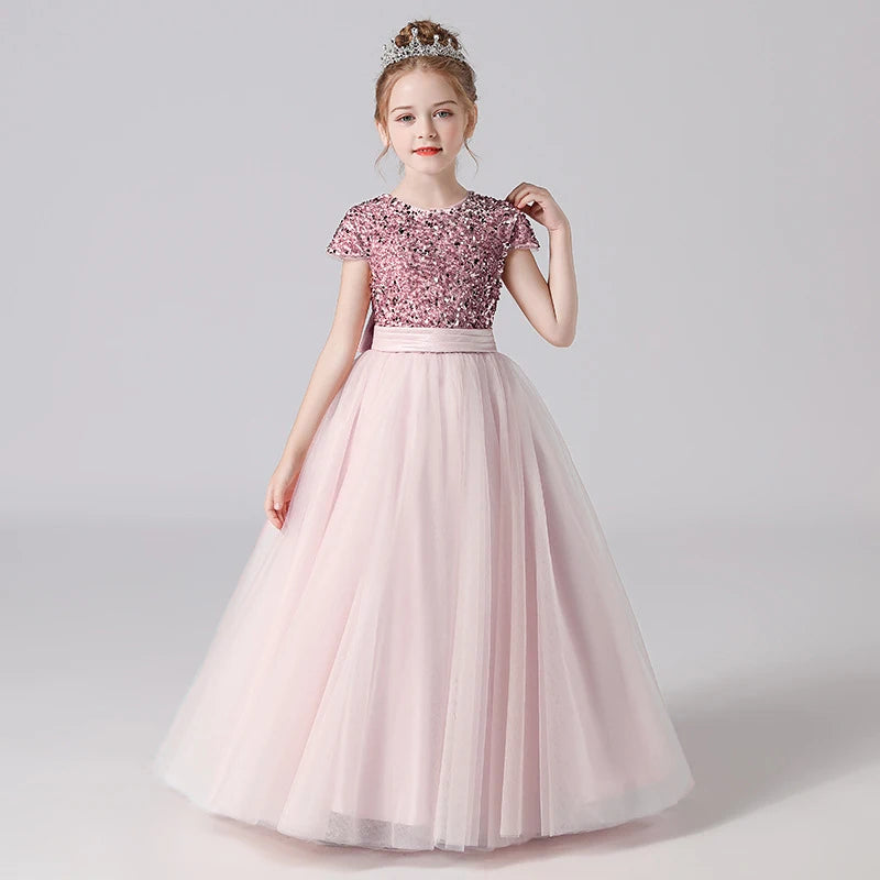 Sparkly Sequins Short Sleeves Flower Girl Dresses Tulle Kids Birthday Party Pageant Prom Gown Teen Girls Bridesmaid Dresses - Seprincess