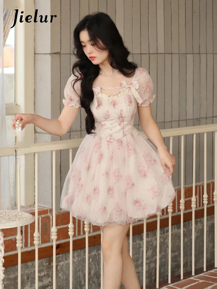 Jielur Lolita Pink Y2k Mini Dress Woman Beach Short Sleeve Floral Dress New Korean Fashion Casual Sweet Short Party Dress Summer - Seprincess