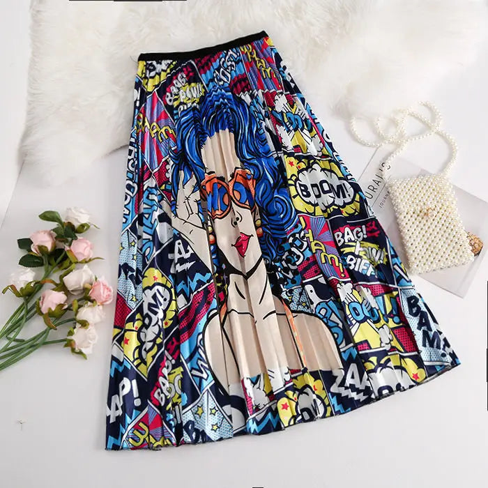 2024 Summer Women Cartoon Print Pleated Skirts A Line High Waisted Elastic Midi Long Skirt Ladies Party Korean Style Dresses