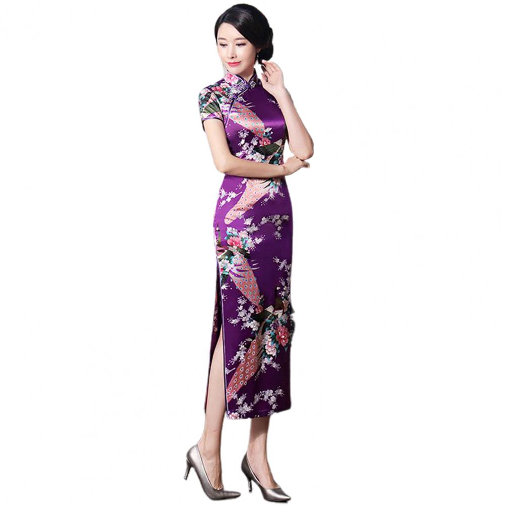 Chinese Style Qipao Satin Cheongsam Floral Embroidery Classic Wedding Evening Party Dress High Split Silky Plant Lady Dress - Seprincess