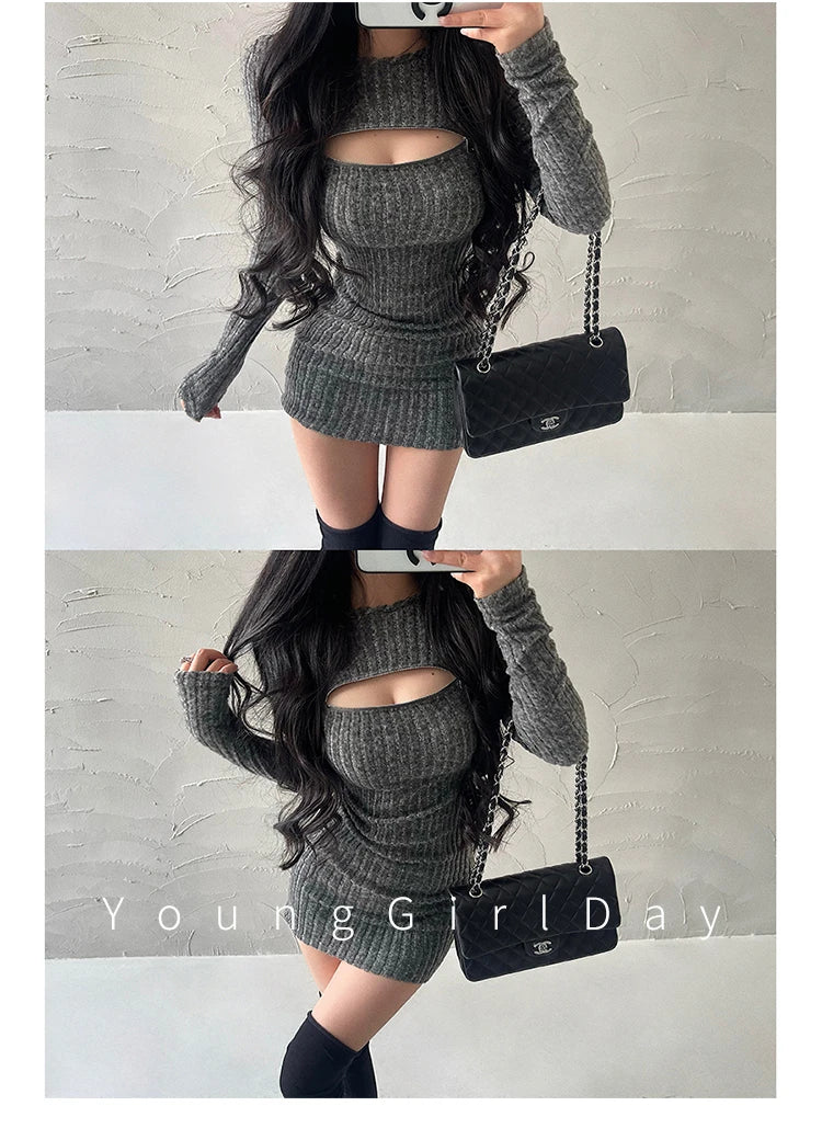 WOMENGAGA Sexy Hollow Zipper Tight Long Sleeved Sweater Knitted Dress Elegant Short Dress Fashion Sweet Kroean Women Top 1S4E - Seprincess