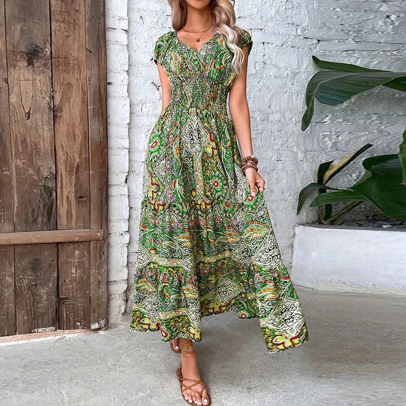 Women Vintage Print Long Dress 2023 Summer Sexy V Neck Short Sleeve A-line Dress Female Elegant Elastic Waist Maxi Dresess Robe - Seprincess