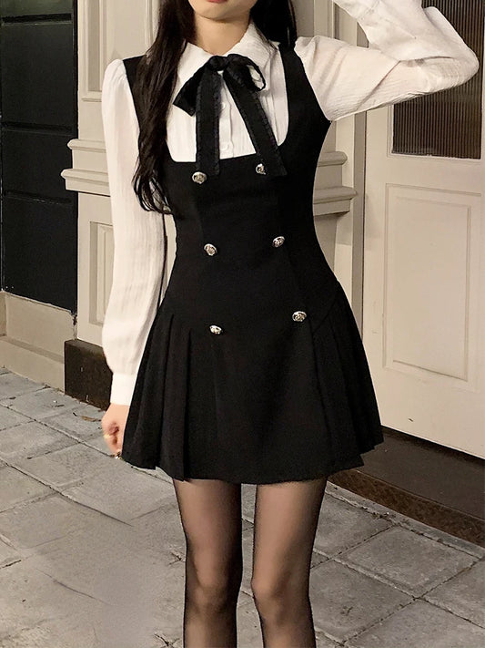 2022 Autumn Fake Two Dress Women Slim Chic Long Sleeve Bow Casual Y2k Mini Dress Female Korean Fashion Elegant Short Party Dress - Seprincess