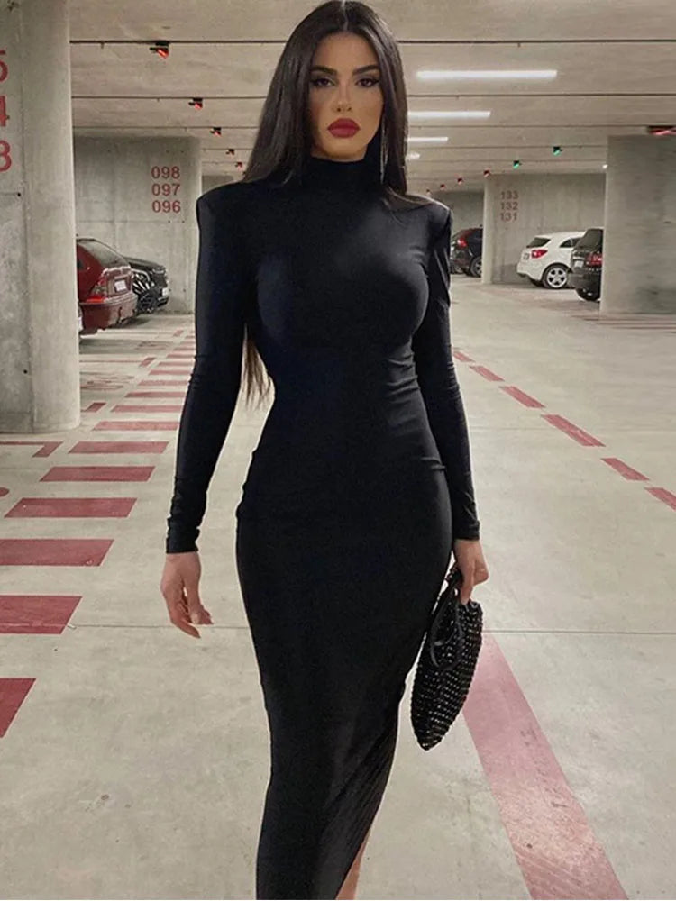 Women 2024 Spring Autumn Fashion Long Sleeve Streetwear Bodycon Black Midi Dress Wholesale Items For Business - Seprincess