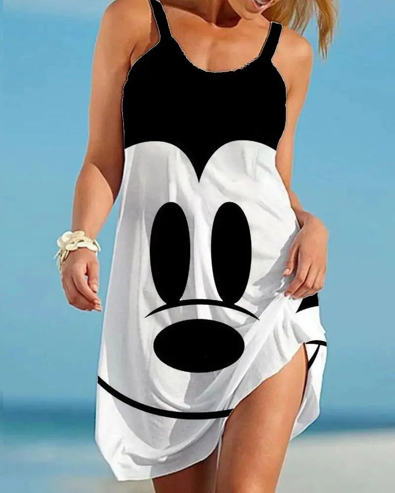 2024 New Big Swing Off Shoulder Loose Sundress S-3xl Summer Dresses Disney Mickey Mouse Strap Beach Dress For Women - Seprincess