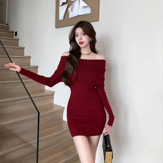 Sexy Slash Neck Mini Dress Women Vintage Elegant Black Wrap Sweater Dresses Winter Korean Red Off Shoulder Bodycon Vestidos New - Seprincess