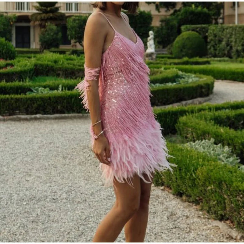 2024 Sexy Women's Fringed Sequin Feather Stitching Dress Summer Slim V-Neck Off Shoulder Dresses Female Backless Slip Mini Robe