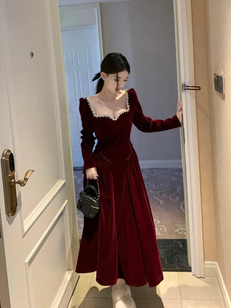 Vintage Evening Party Velvet Dresses for Woman Elegant Fashion Wedding Birthday Prom Long Sleeves Female Clothing Black Robe - Seprincess