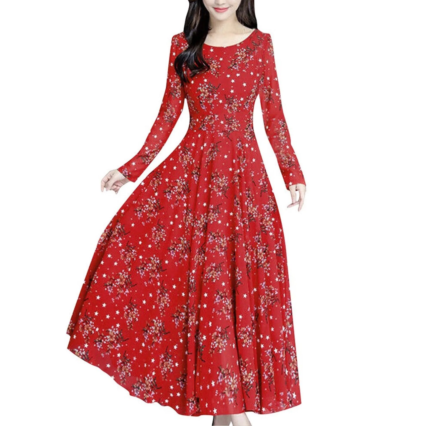 2024 Women's Casual Dress Elegant Female Loose Midi Dress Long Sleeve Floral Print Summer O Neck Dress 2024 Bohemia Clothing - Seprincess