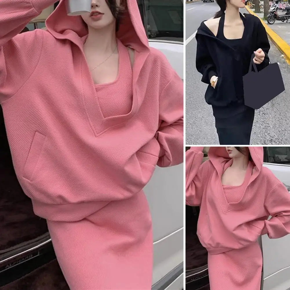 Spring Autumn Skirt 2 Piece Set Women Korean Casual Hooded Sweatshirt Sling Dress Sets Korean Hoodie Dress Sets Women's Clothing - Seprincess