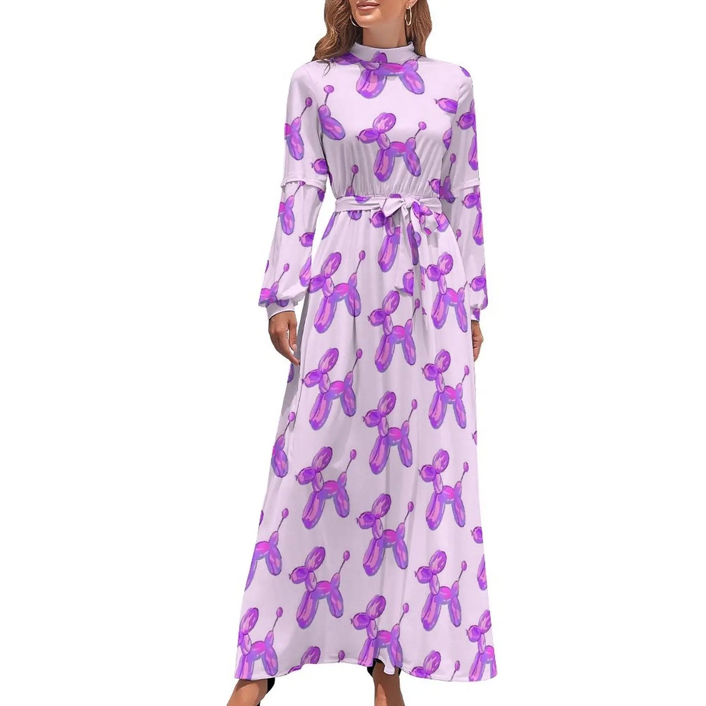 Balloon Dogs Dress Long Sleeve Animal Print Elegant Maxi Dress High Waist Casual Custom Bohemia Long Dresses Gift - Seprincess