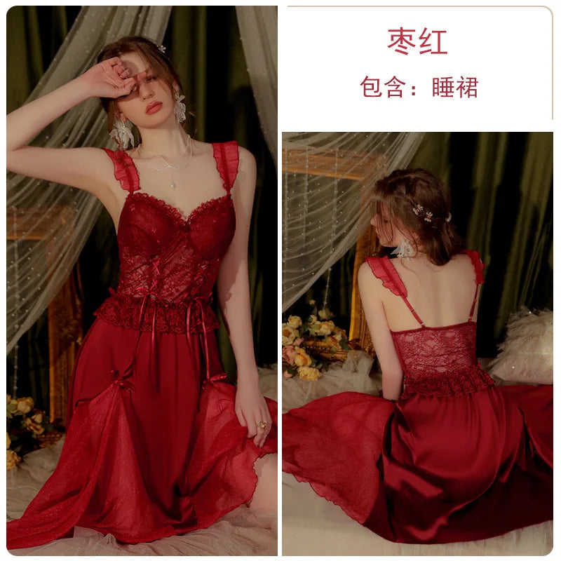 Sexy Strap Nightgown Female Lace Sleepwear Gown Intimate Lingerie Summer Women Robe Nightgown Silky Satin Home Wear Dress - Seprincess