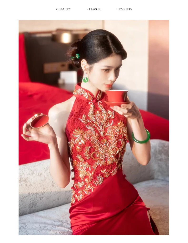 Autumn Traditional Chinese Clothing Qipao Red Sleeveless Stand Collar Embroidery Cheongsam Wedding Dress Elegant Evening Dress - Seprincess