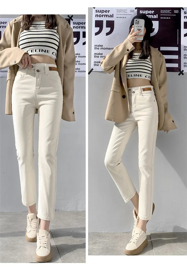 FINEWORDS Slim Skinny Beige Jeans Women High Waist Vintage Push Up Jeans Easymatch Streetwear Korean Denim Ankle-Length Pants