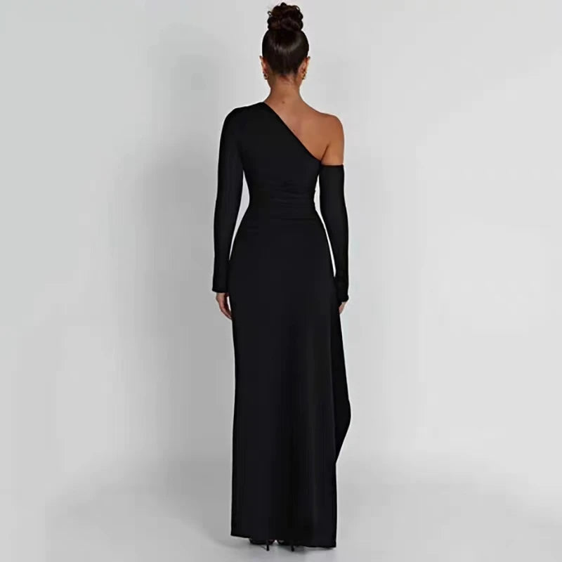 Slant Shoulder Long Sleeved Dress off Shoulder High Slit Sexy Evening Dress Elegant Fashionable Banquet Party Slim for Slimming - Seprincess