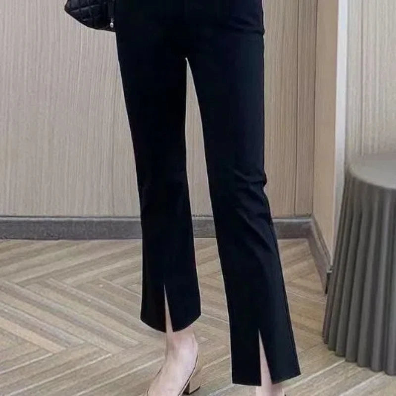 Spring Autumn Women's Clothing Solid Elastic High Waisted Pockets Casual Formal Trousers Straight Office Lady Cropped Pants